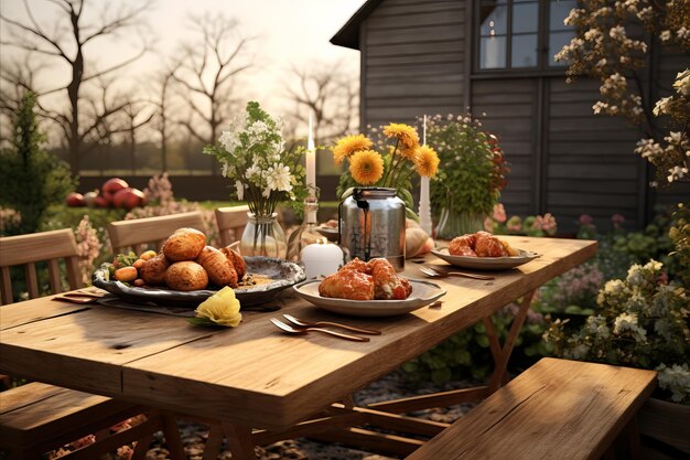 Table de dîner de Pâques rustique dans le jardin