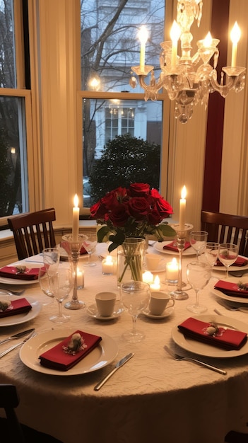 Une table de dîner romantique avec des roses rouges et des bougies