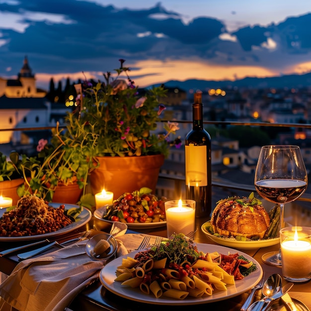 Photo table de dîner servie sur la terrasse du toit dîner avec vin bougies romantiques vue de la vieille ville