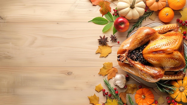 Table de dîner de Thanksgiving avec des citrouilles de dinde rôties et des feuilles d'automne