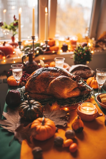 Table de dîner de vacances de Thanksgiving avec décoration d'automne et citrouilles