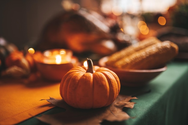 Table de dîner de vacances de Thanksgiving avec décoration d'automne et citrouilles