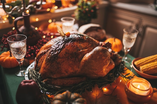 Table de dîner de vacances de Thanksgiving avec décoration d'automne et citrouilles