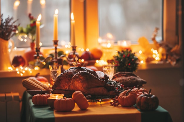 Table de dîner de vacances de Thanksgiving avec décoration d'automne et citrouilles