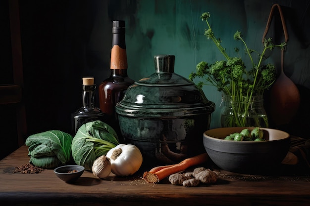 Une table avec divers légumes comprenant une bouteille de vin, une bouteille de vin, une bouteille de vin, une bouteille d'ail et une bouteille de vin.