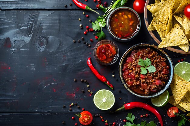 Photo une table avec divers plats, y compris des haricots de riz et de la salsa