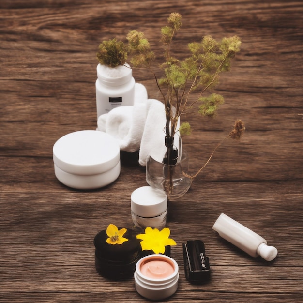 Une table avec divers produits de beauté dont un vase une fleur et un vase