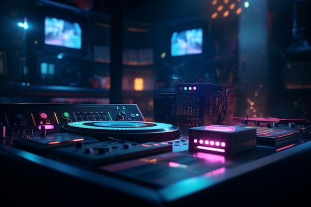 Une table de DJ avec un néon dessus