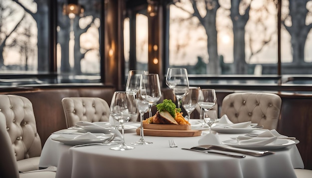 une table avec un drap de table et une assiette de nourriture sur elle