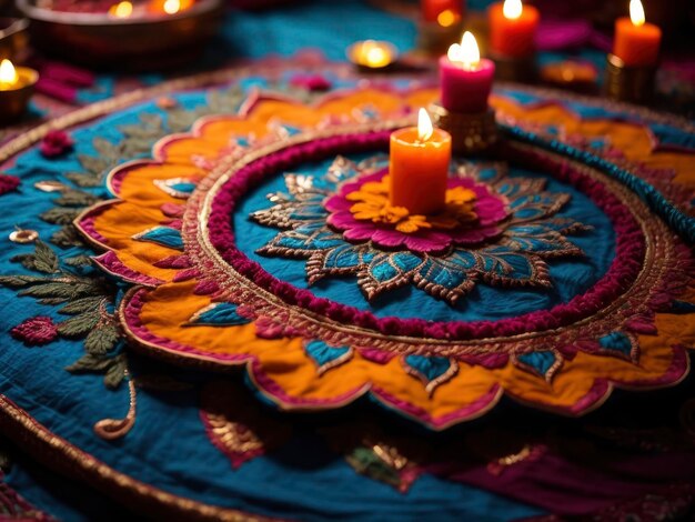 une table avec un drap de table coloré et des bougies sur elle et un tissu de table bleu avec un dessin coloré