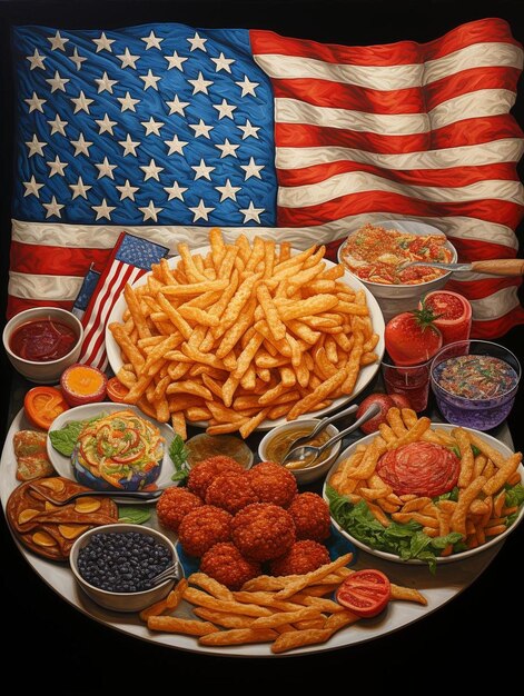 Photo une table avec un drapeau et une photo de frites et un drapeau.