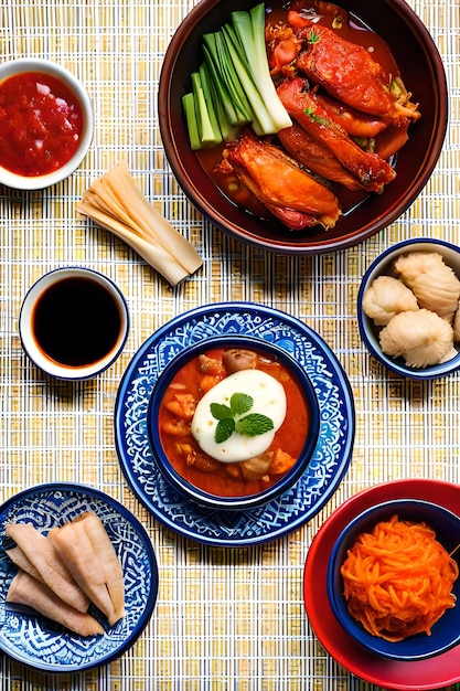 Une table dressée avec des assiettes de nourriture comprenant des haricots, du pain et des sauces.