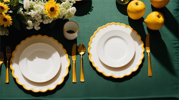 Une table dressée pour un dîner avec une assiette jaune et une assiette blanche avec un bord doré.