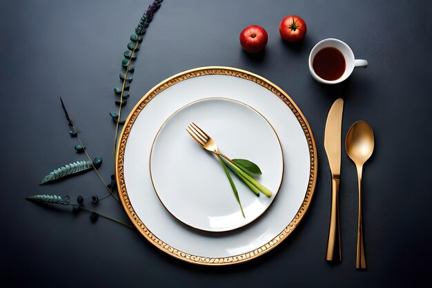 Une table dressée pour un dîner avec une assiette et une tasse de thé.