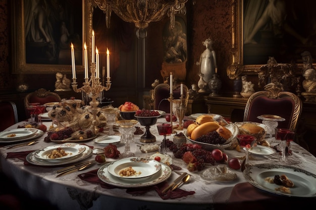 Une table dressée pour un dîner avec une bougie et des bougies.