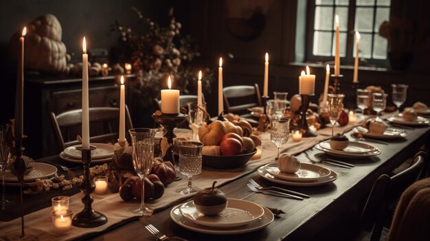 Une table dressée pour un dîner avec des bougies et des bougies