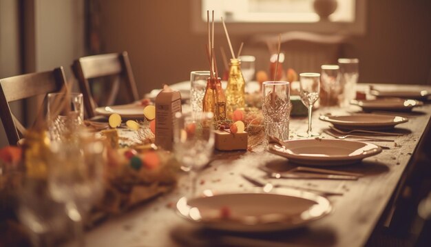 Une table dressée pour un dîner de Noël avec une fenêtre derrière elle