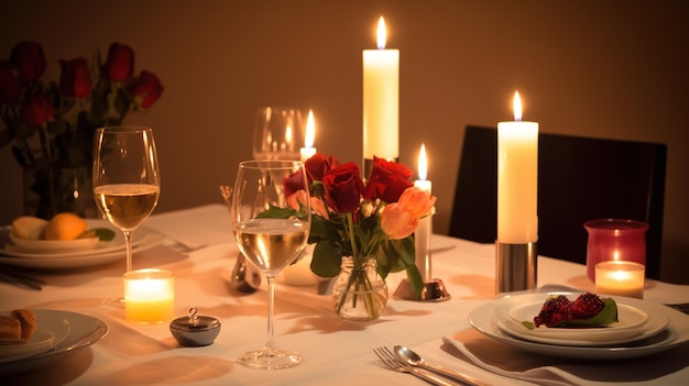 Une table dressée pour un dîner romantique avec des bougies et des fleurs