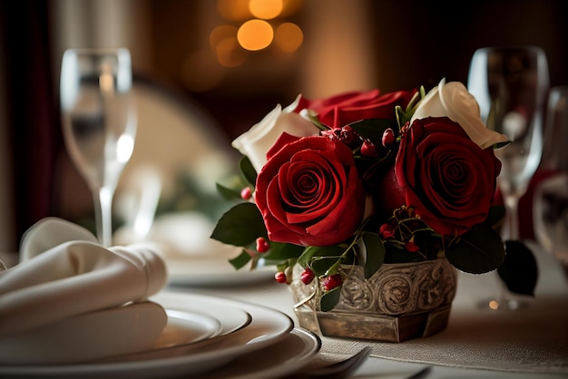 Une table dressée pour un dîner avec des roses rouges et blanches
