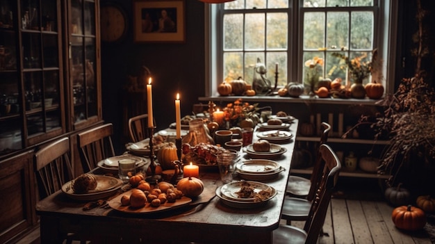 Une table dressée pour un dîner de Thanksgiving avec des citrouilles sur le rebord de la fenêtre.