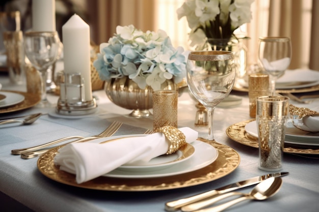 Une table dressée pour un dîner avec un vase bordé d'or et des hortensias bleus