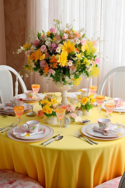 Une table dressée pour une douche nuptiale avec des fleurs dessus