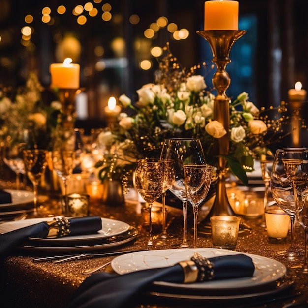 Une table dressée pour un mariage avec des bougies et des bougies.