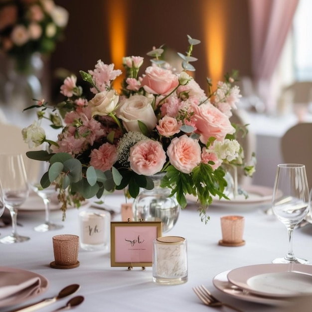 Une table dressée pour un mariage avec un bouquet de fleurs et des bougies.