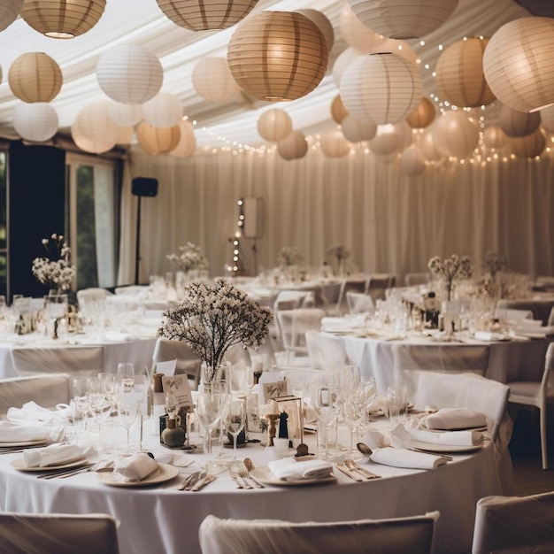 une table dressée pour un mariage avec des lanternes blanches et des lanternes blanches.