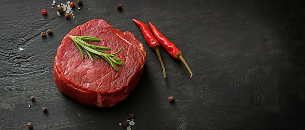 Sur la table du boucher, viande de bœuf crue coupée ou au dessus du filet de viande steak à fond sombre