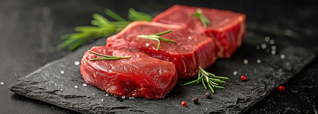 Sur la table du boucher, viande de bœuf crue coupée ou au dessus du filet de viande steak à fond sombre