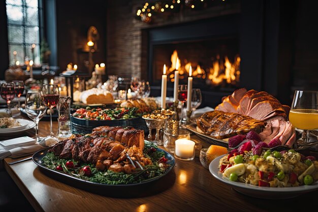 La table du dîner de Noël, la dinde rôtie, les verres à vin, les bougies allumées, le foyer, les bons repas.