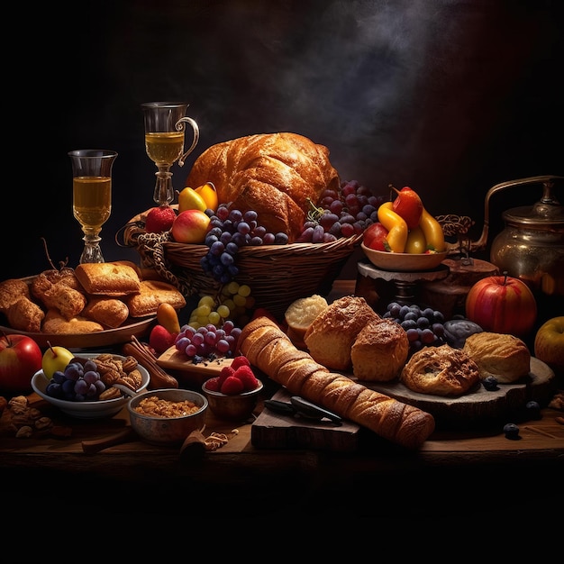 Une table avec du pain aux fruits et des fruits dessus