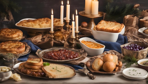 Photo une table avec du pain et une bougie dessus