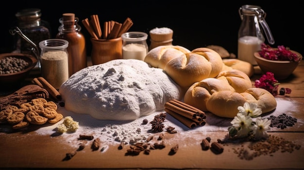 une table avec du pain et une bouteille de lait