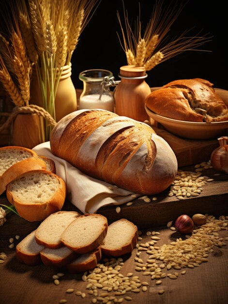 Photo une table avec du pain, du lait et d'autres aliments