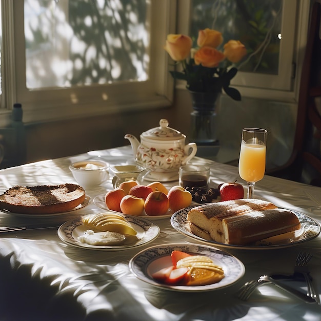 une table avec du petit déjeuner et un verre de jus d'orange