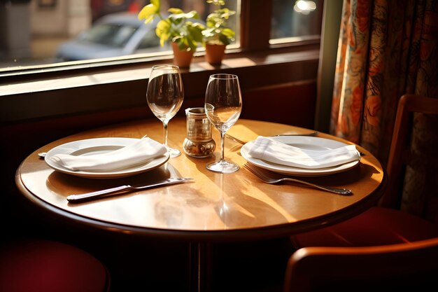 La table du restaurant est servie pour deux. Il y a deux verres d'assiettes de vin et de serviettes sur la table. Table de dîner romantique.
