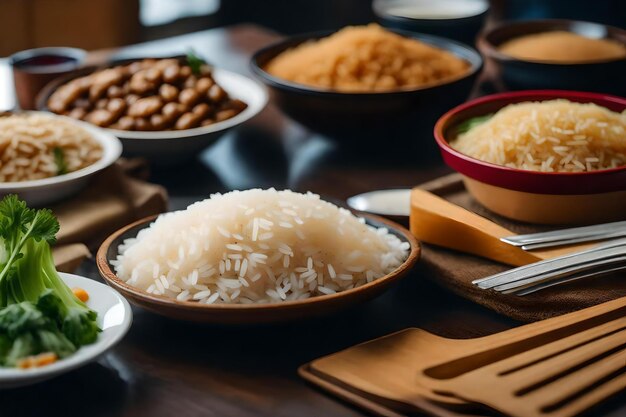 Une table avec du riz et du riz et une assiette de riz