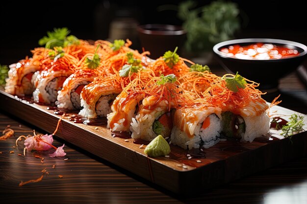 Photo une table avec du sushi et un bol de riz dessus