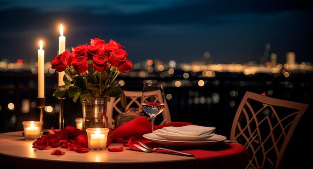 une table élégamment dressée pour deux avec des roses rouges et des bougies