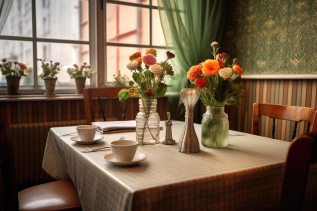 Une table élégante avec des fleurs et des couverts dans un café vide