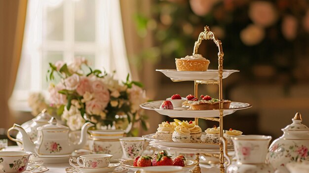 Photo table élégante pour la fête du thé avec des gâteaux et des cupcakes dans le style anglais vintage