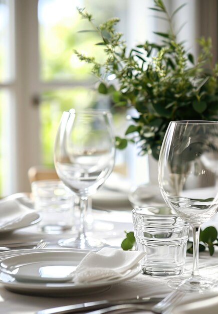 Une table élégante avec des ustensiles de verre transparent et des assiettes blanches