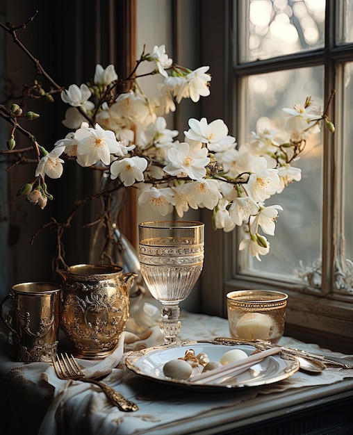 Table élégante avec vaisselle en porcelaine, verres en cristal, vases et fleurs dans les tons blancs
