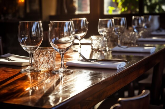 Une table élégante avec des verres à vin et de la lumière du soleil.