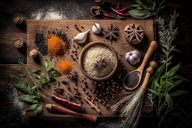 Une table avec des épices et un bol d'épices