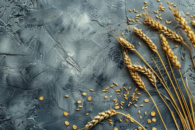 une table avec des épis de blé et une nappe bleue avec quelques grains