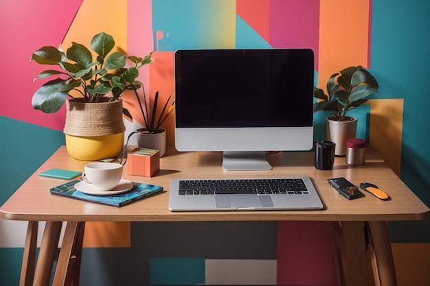 Table d'espace de travail photo avec ordinateur portable contre un mur coloré