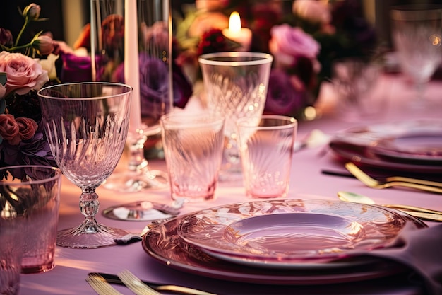 La table est magnifiquement disposée avec des assiettes roses et violettes comme pièce maîtresse.